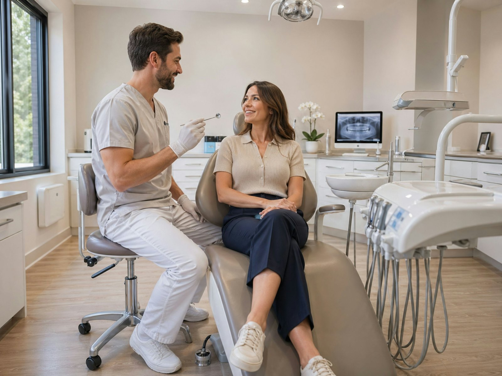 A dentist talking with a patient